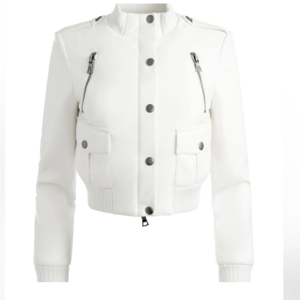 Alice + Olivia Women's Ria Shrunken Vegan Leather Jacket size Small off white